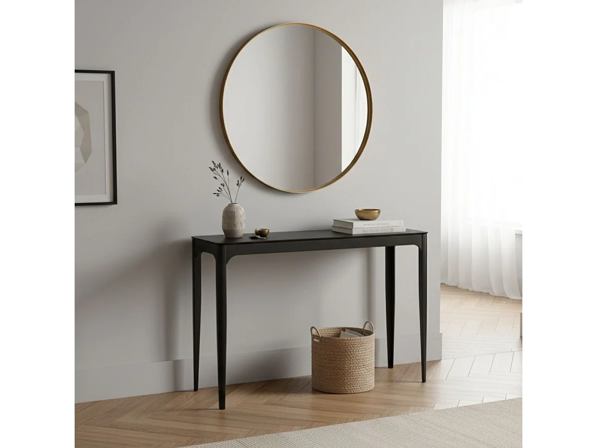 Console plateau MDF placage céramique noir marbré et piètement en acier laqué anthracite - SLEEK