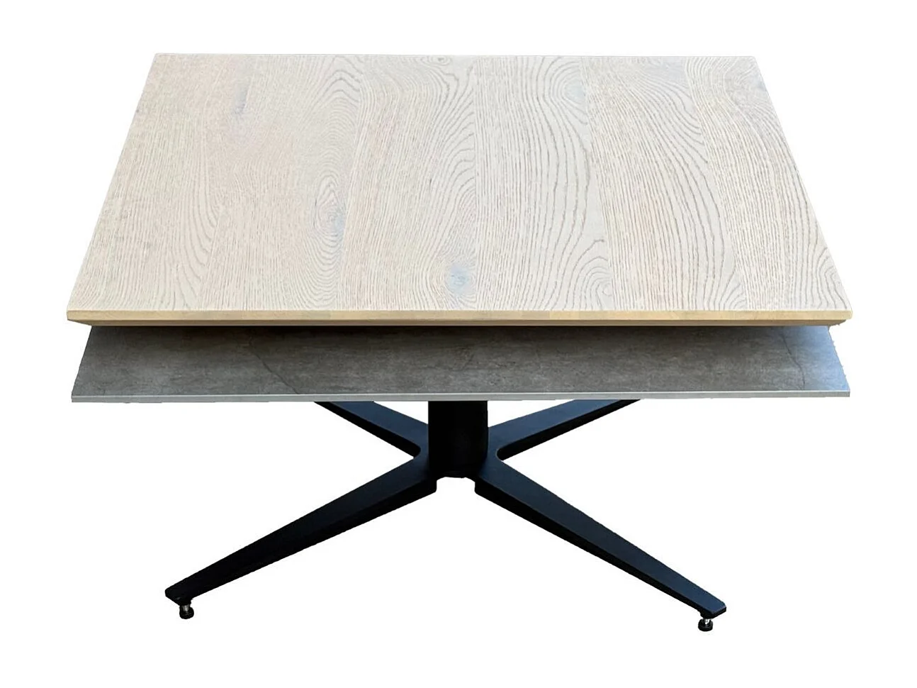 Table basse carrée avec plateau supérieur pivotant en céramique finition chêne et gris ardoise - FUSION