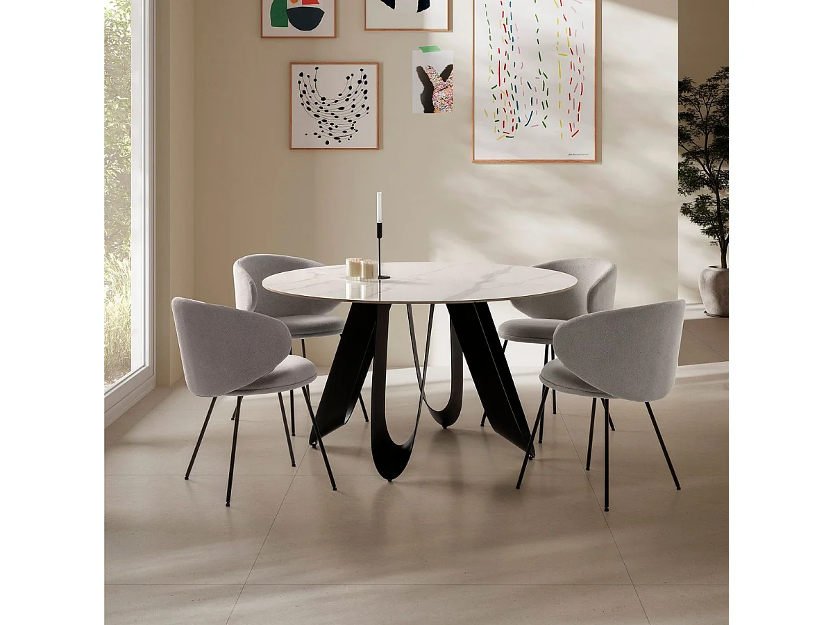 Table de repas design Ø 134 cm avec plateau céramique imitation marbre blanc pied métal noir architectural  - LEILA
