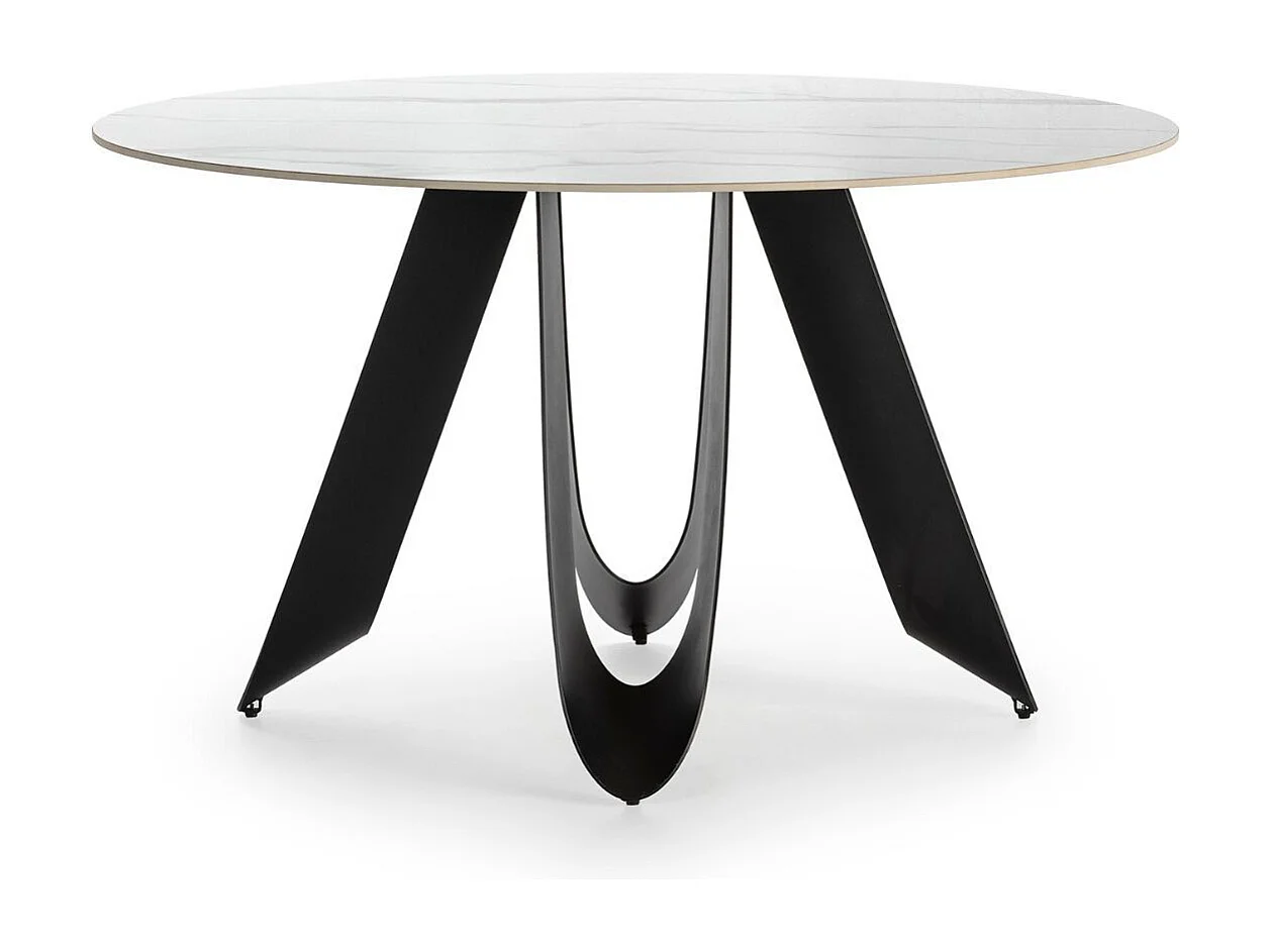 Table de repas design Ø 134 cm avec plateau céramique imitation marbre blanc pied métal noir architectural  - LEILA