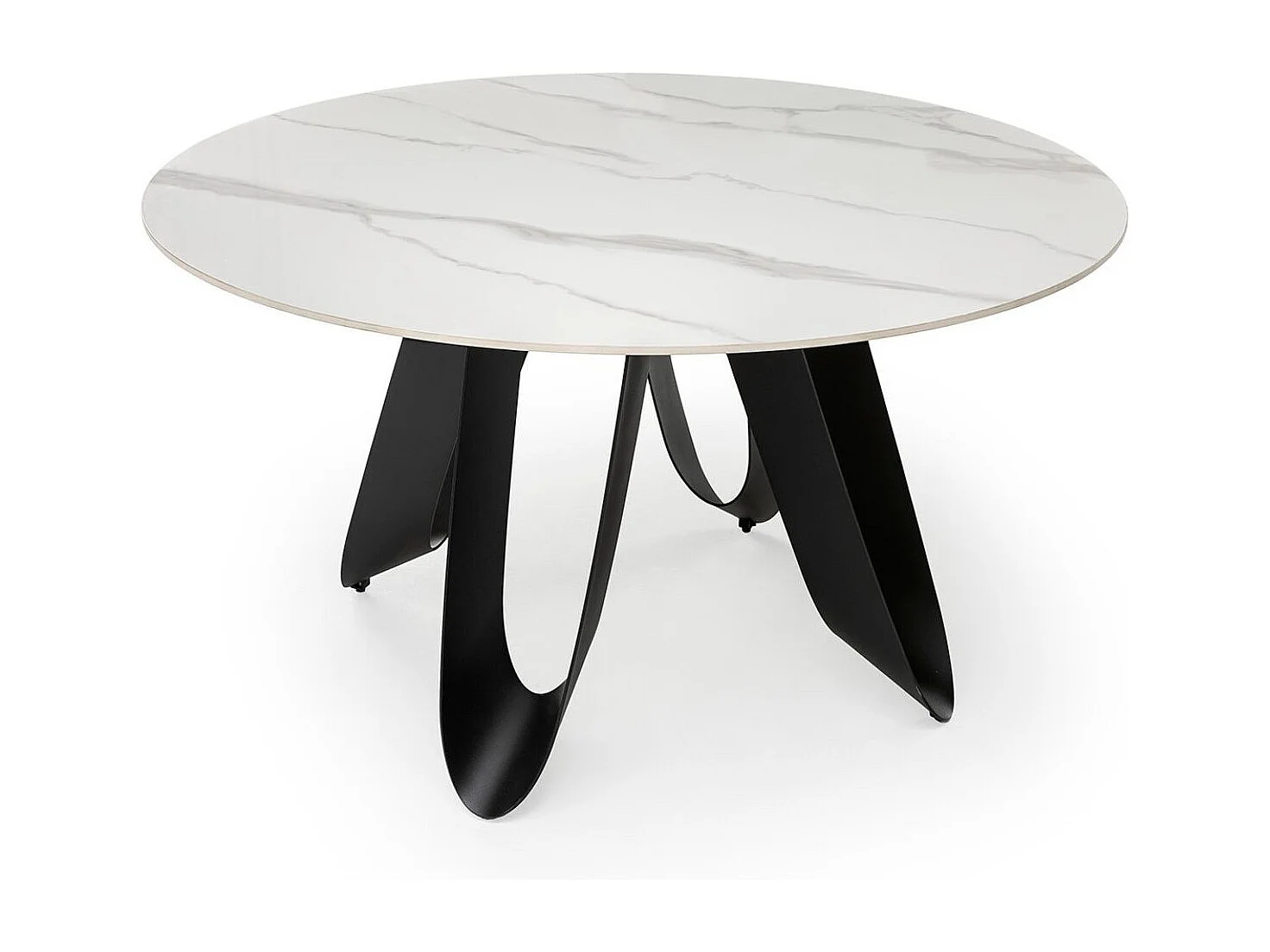 Table de repas design Ø 134 cm avec plateau céramique imitation marbre blanc pied métal noir architectural  - LEILA