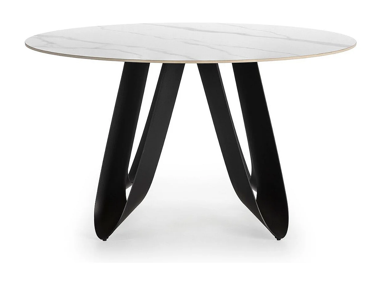 Table de repas design Ø 134 cm avec plateau céramique imitation marbre blanc pied métal noir architectural  - LEILA