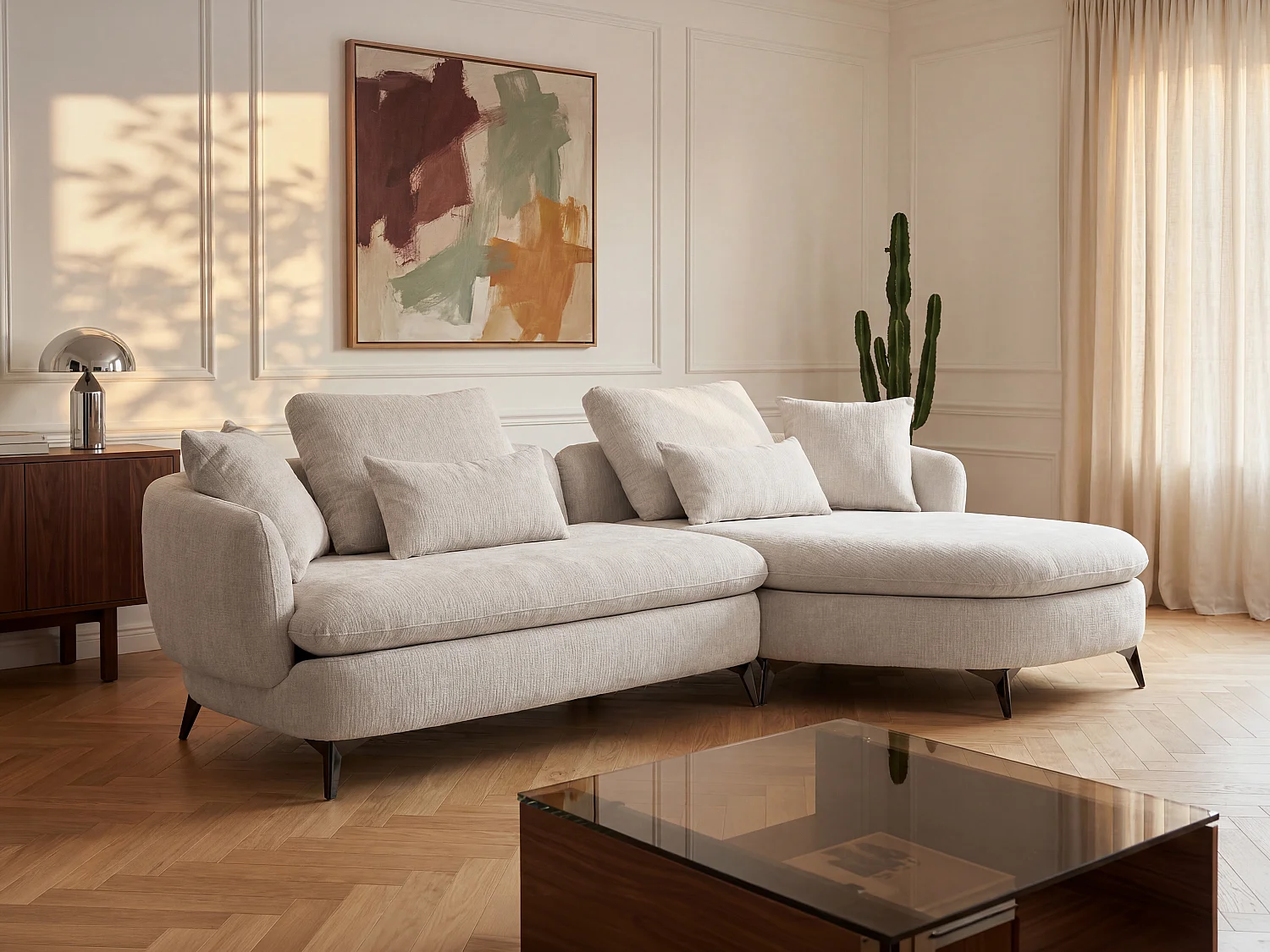 Canapé d'angle droit en tissu chenille beige PIPANI