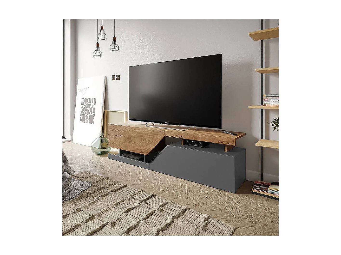Meuble TV "Ceelias" -160 x 46 x 35 cm - Gris/Marron