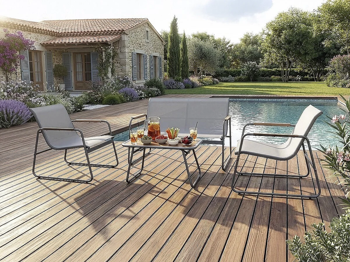 Salon de jardin en métal avec décor imitation bois "Sparta" - 4 places - Gris clair