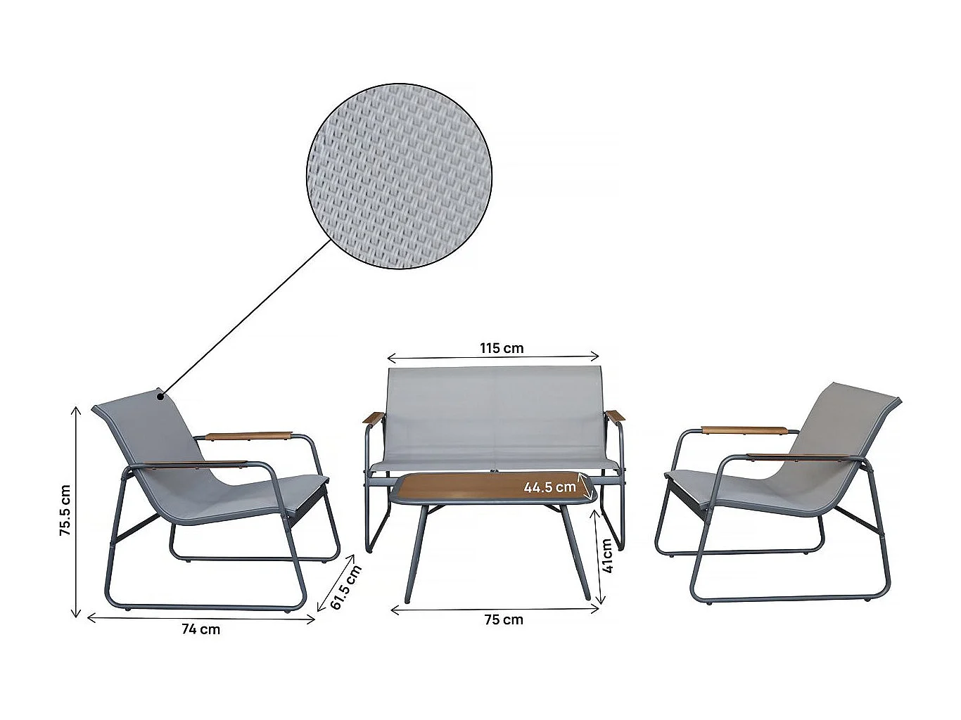 Salon de jardin en métal avec décor imitation bois "Sparta" - 4 places - Gris clair