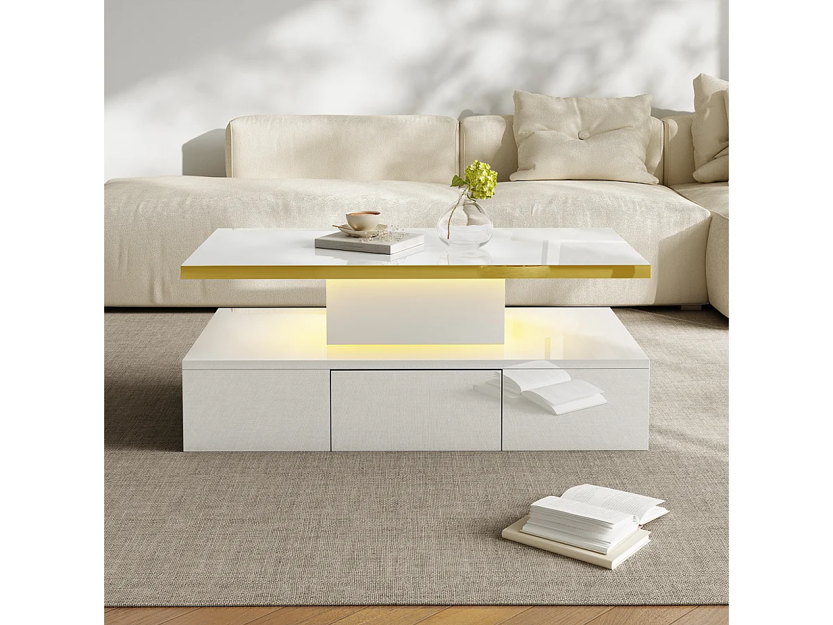 Tavolino da caffè, tavolo con cassetti, laccato lucido, tavolino laterale con due ripiani. Con luce a LED.
