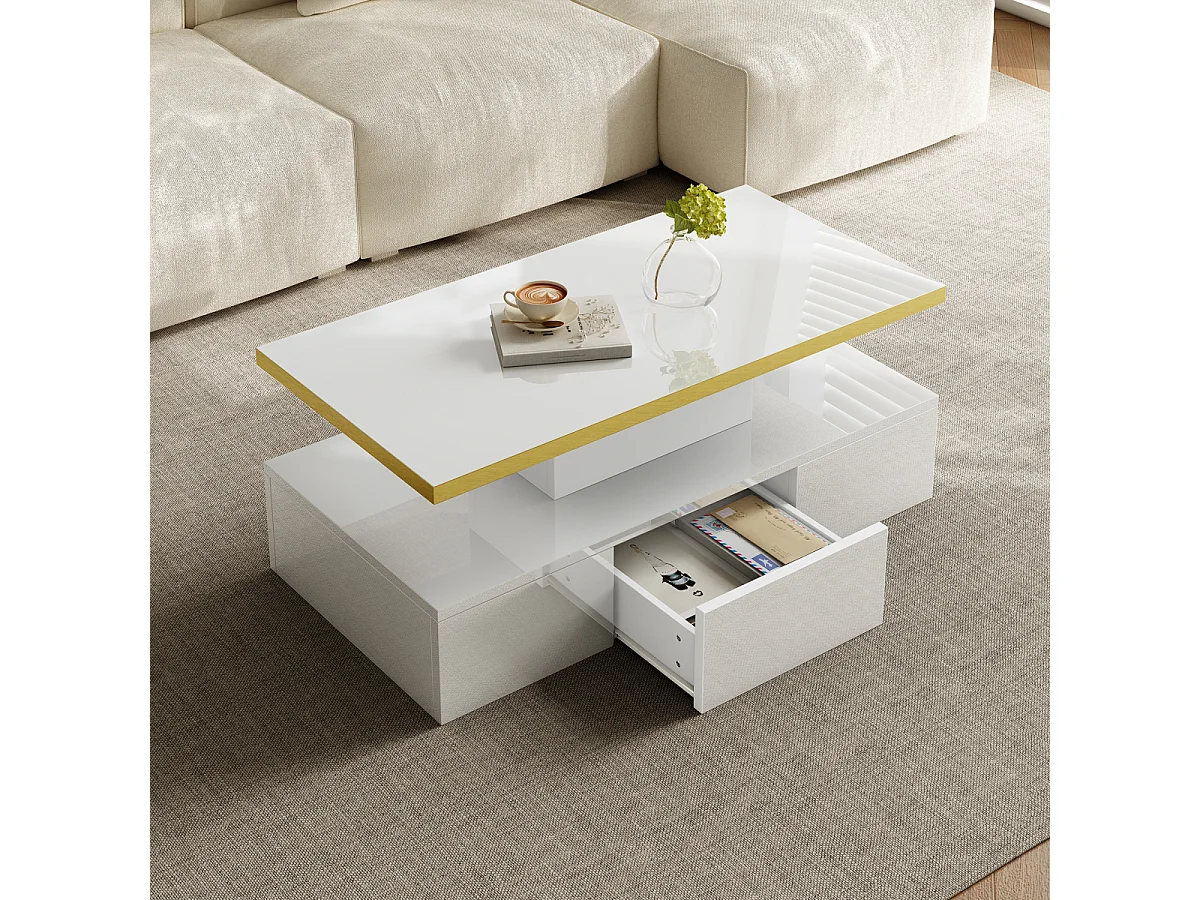 Tavolino da caffè, tavolo con cassetti, laccato lucido, tavolino laterale con due ripiani. Con luce a LED.