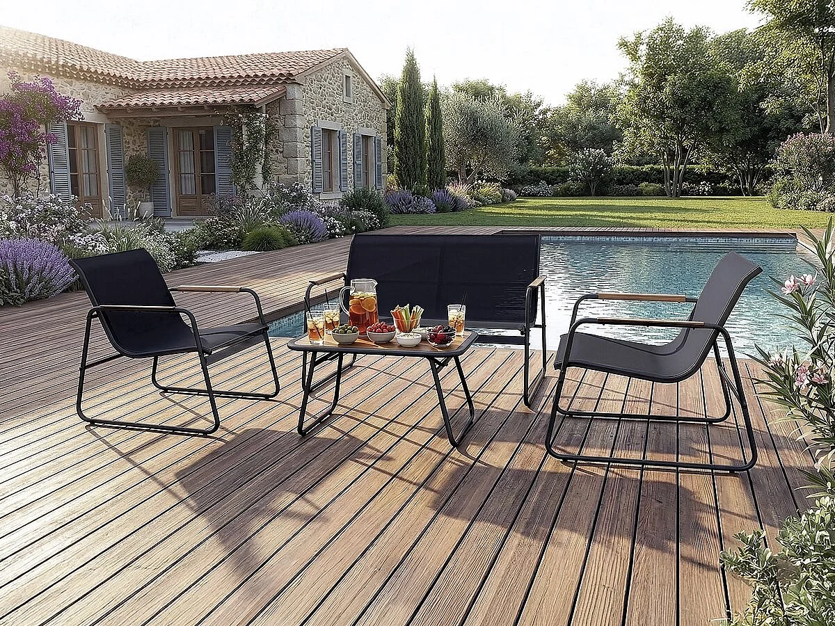 Salon de jardin en métal avec décor imitation bois "Sparta" - 4 places - Noir