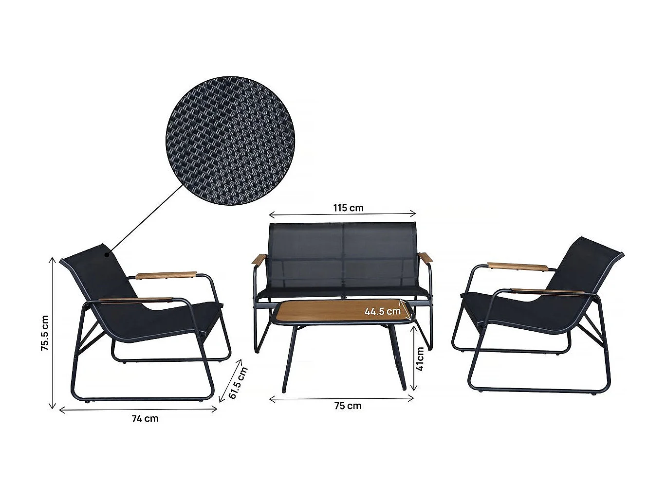 Salon de jardin en métal avec décor imitation bois "Sparta" - 4 places - Noir