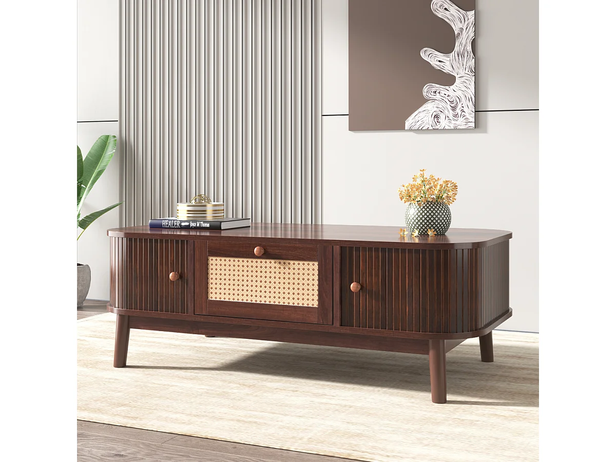 Tavolino da caffè in rattan con cassetti e ante scorrevoli, gambe in legno massello, stile rustico naturale