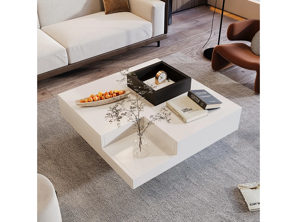 Tavolino da caffè color block bianco e nero lucido con LED, 72x72x30 cm