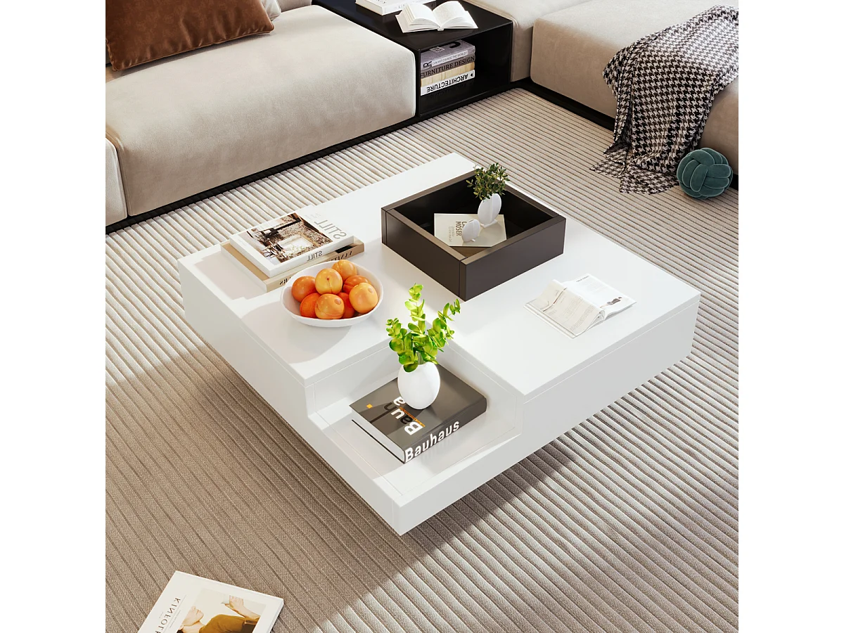 Tavolino da caffè color block bianco e nero lucido con LED, 72x72x30 cm