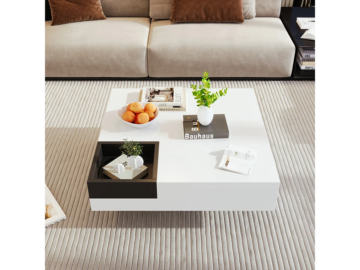 Tavolino da caffè color block bianco e nero lucido con LED, 72x72x30 cm