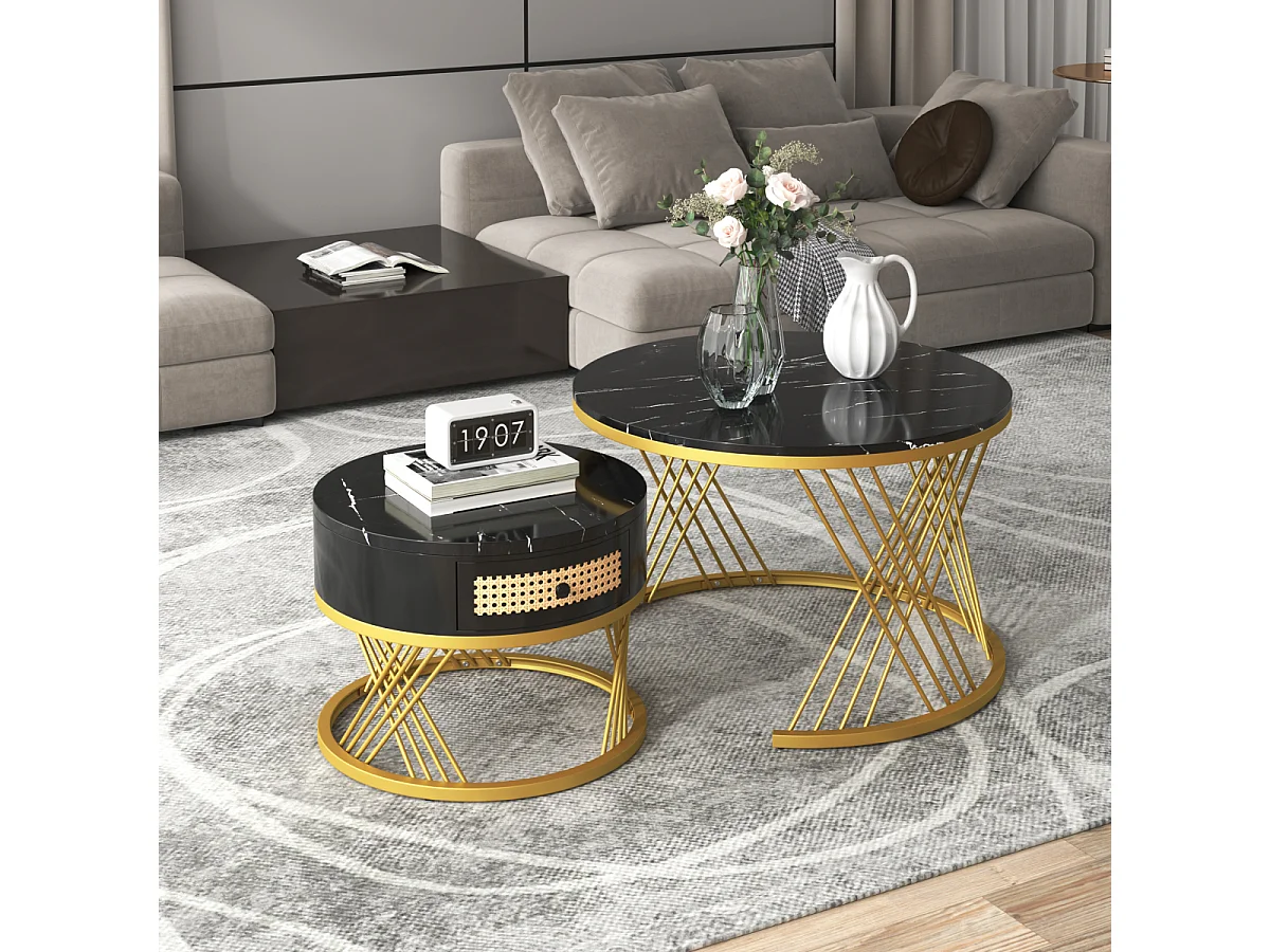 Tavolino da caffè/laterale rotondo 2 in 1 in MDF con piano in marmo, cassetti in rattan, maniglie in legno, gambe in ferro dorato. 70x70x45,5+50x50x38,5 cm