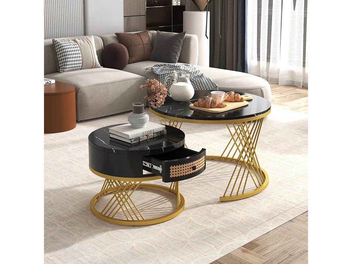 Tavolino da caffè/laterale rotondo 2 in 1 in MDF con piano in marmo, cassetti in rattan, maniglie in legno, gambe in ferro dorato. 70x70x45,5+50x50x38,5 cm