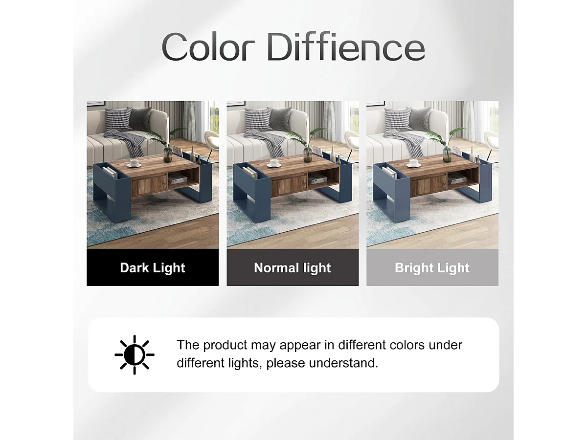 Tavolino da caffè in legno antracite con cassetto senza maniglia e spazio di archiviazione bifacciale.