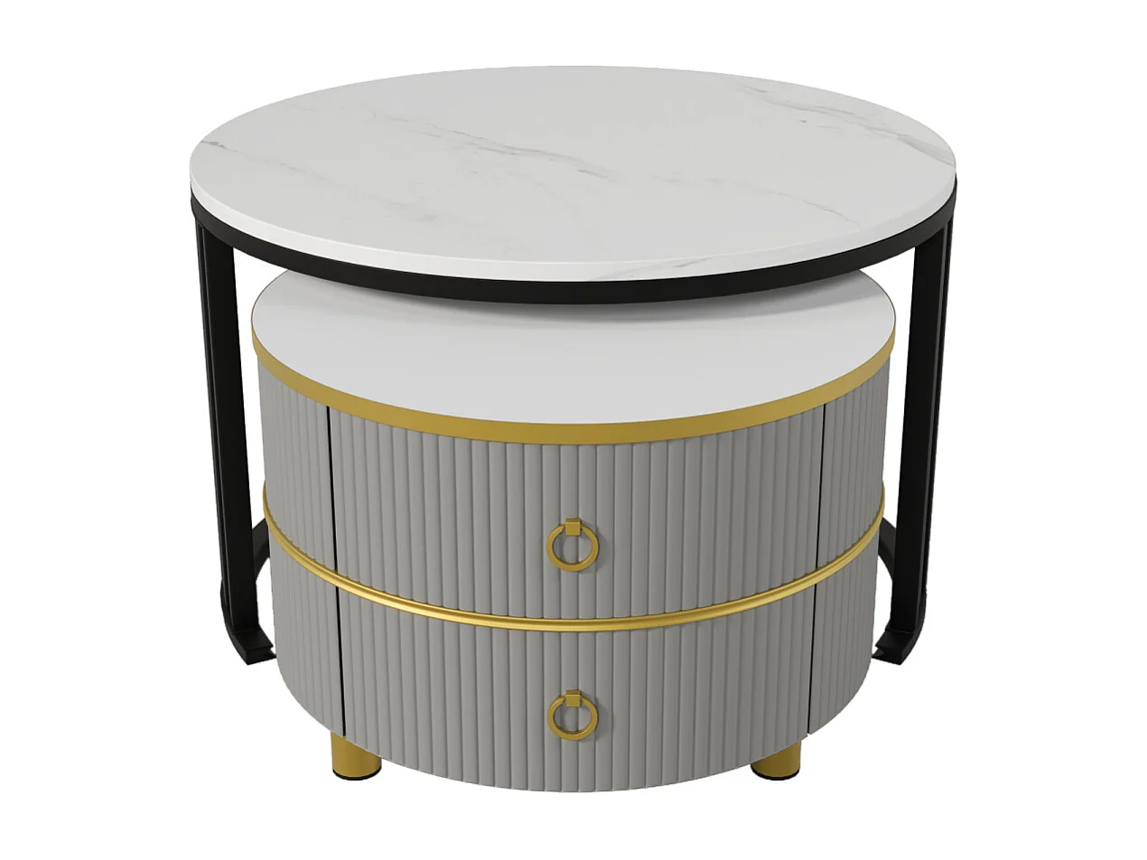 Ronde 2-in-1 MDF salontafel met glanzend wit marmeren blad, 2 lades, 70x70x46+50x50x40cm