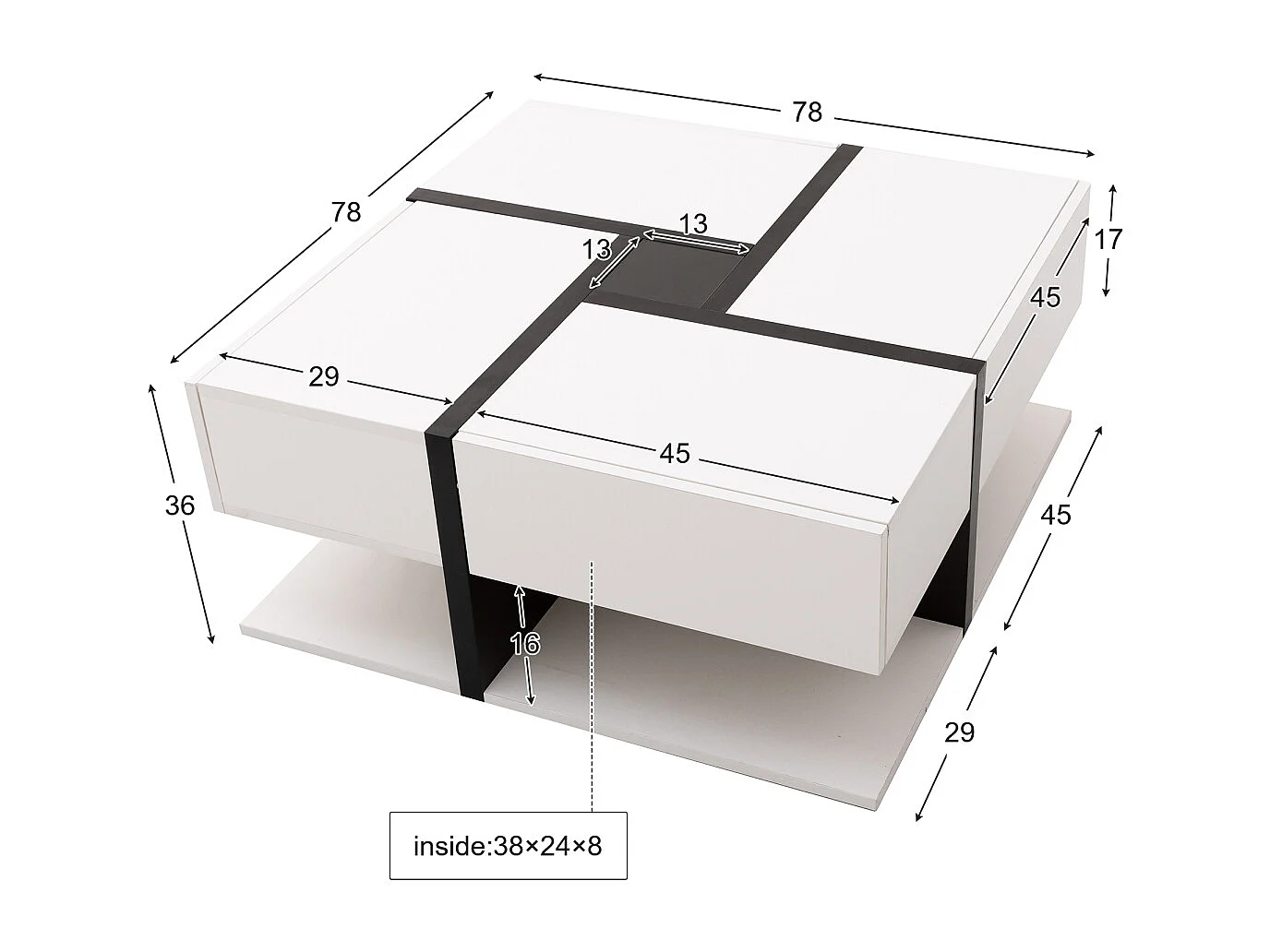 Tavolino da caffè lucido con 4 cassetti, design unico di colori/linee, spazio di archiviazione. 78x78x36cm