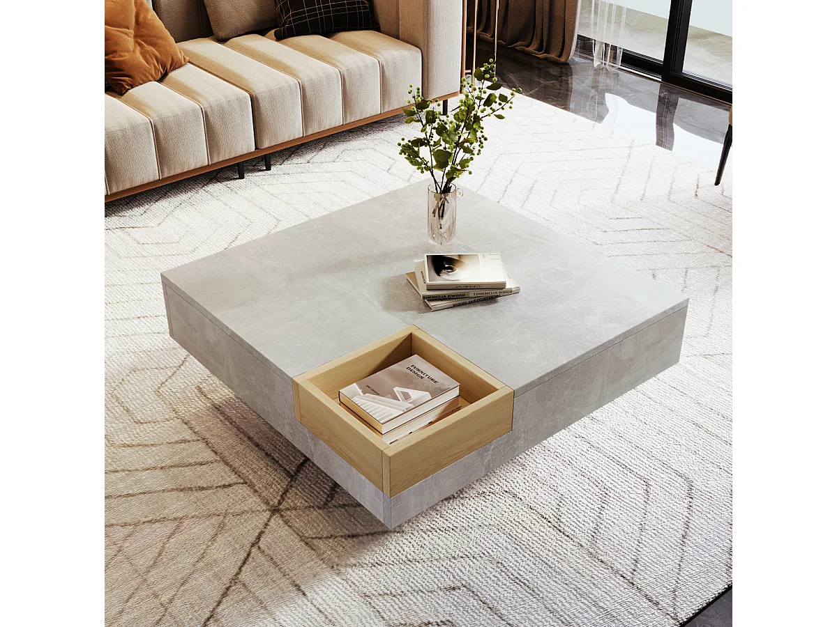 Tavolino da caffè in cemento grigio e legno con contenitore (72x72x30 cm)