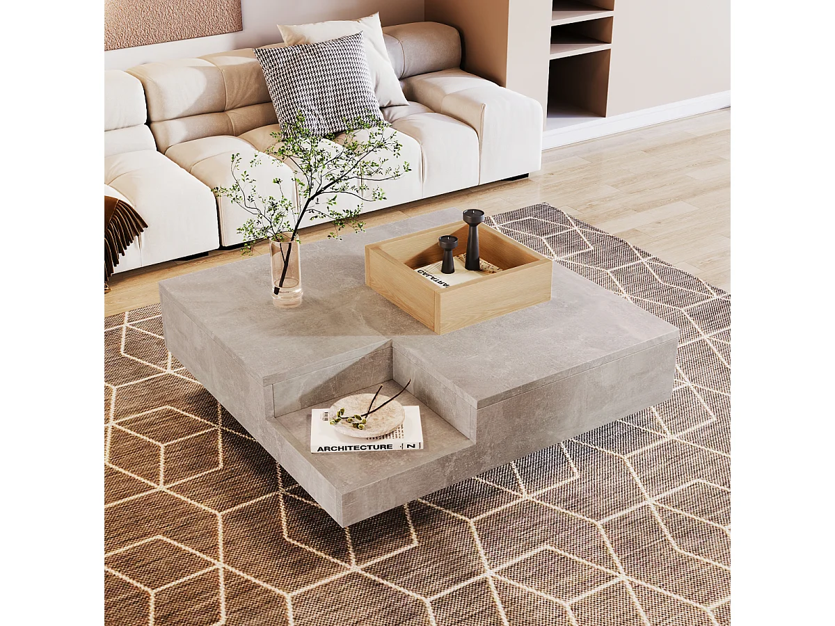 Tavolino da caffè in cemento grigio e legno con contenitore (72x72x30 cm)