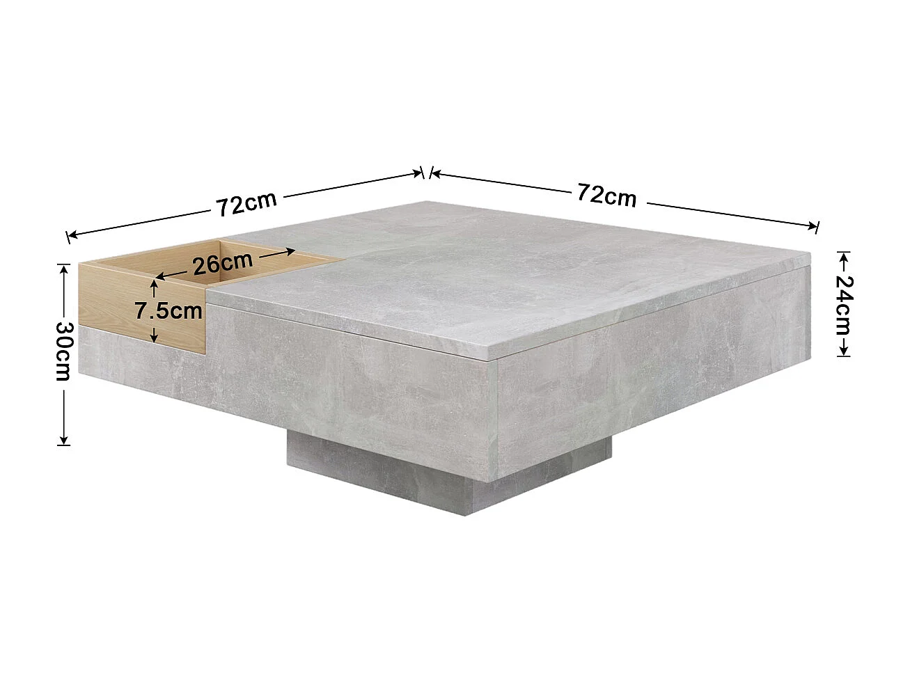 Tavolino da caffè in cemento grigio e legno con contenitore (72x72x30 cm)
