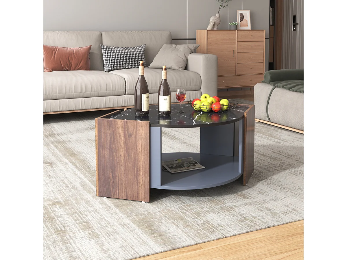 Tavolino da caffè in marmo strutturato e noce dalle linee uniche.