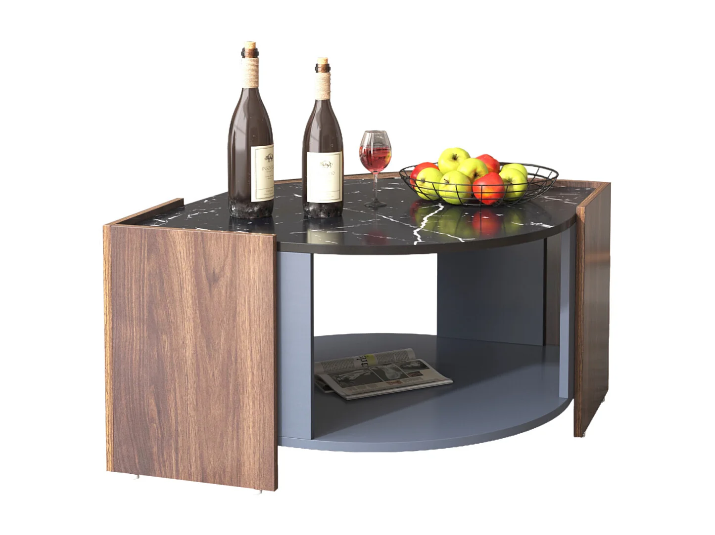 Tavolino da caffè in marmo strutturato e noce dalle linee uniche.