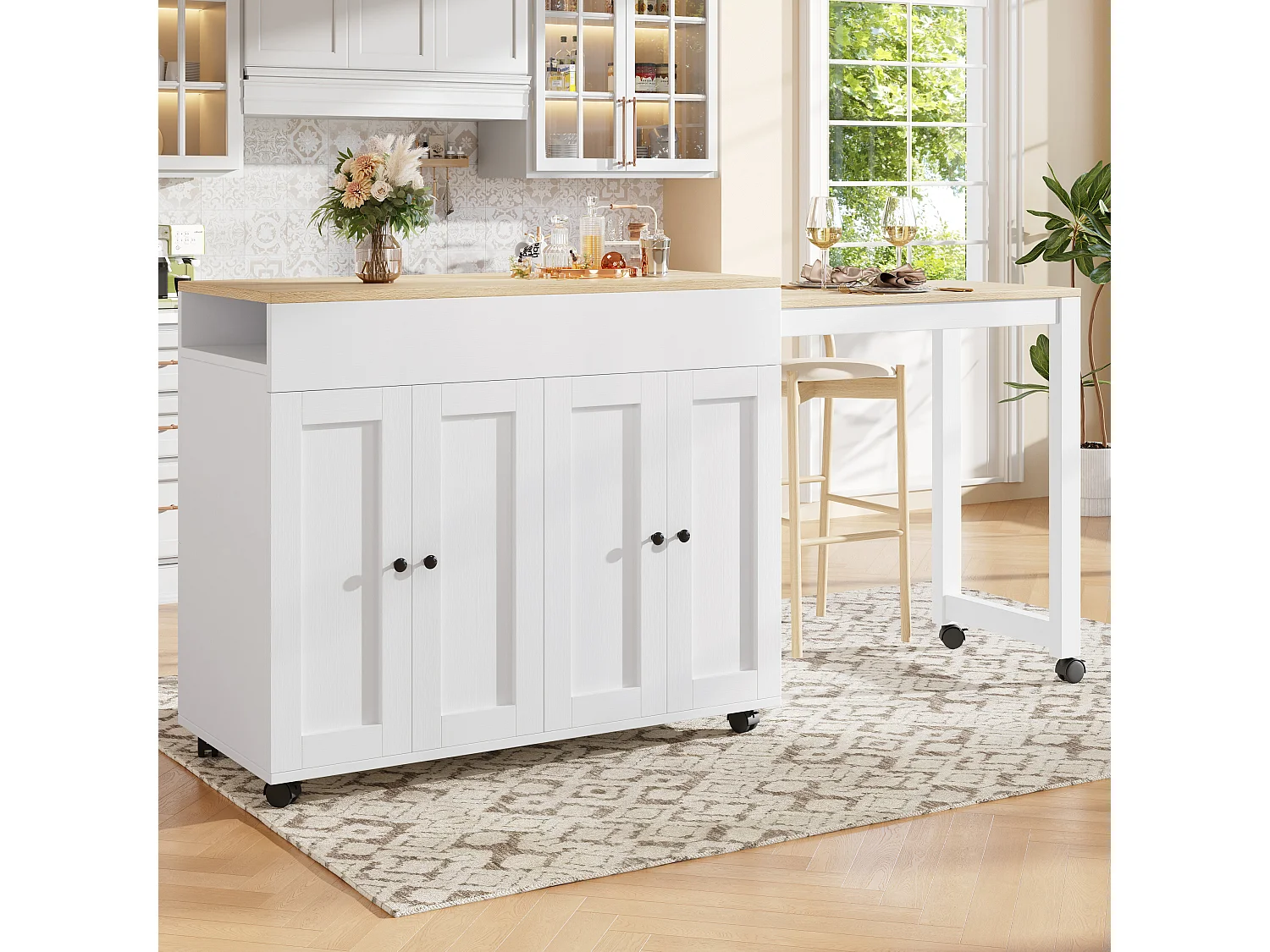 Moderner, ausziehbarer Bartisch – 118–180 x 50 x 94,6 cm – mit 4 Türen – für Esszimmer – MDF – weiß