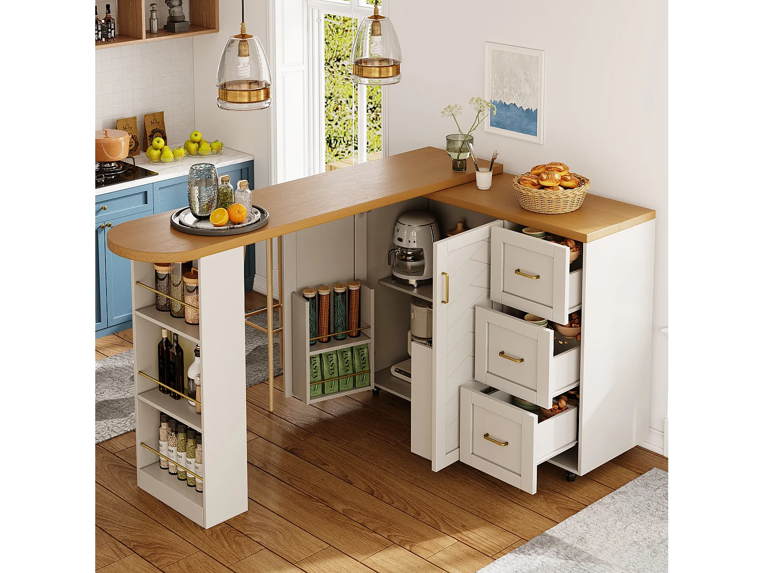 Ausziehbarer Küchenbar-Unterschrank auf Rollen – 135–228 x 39 x 104 cm – mit 2 Türen und 3 Schubladen – MDF und Metall – weiß