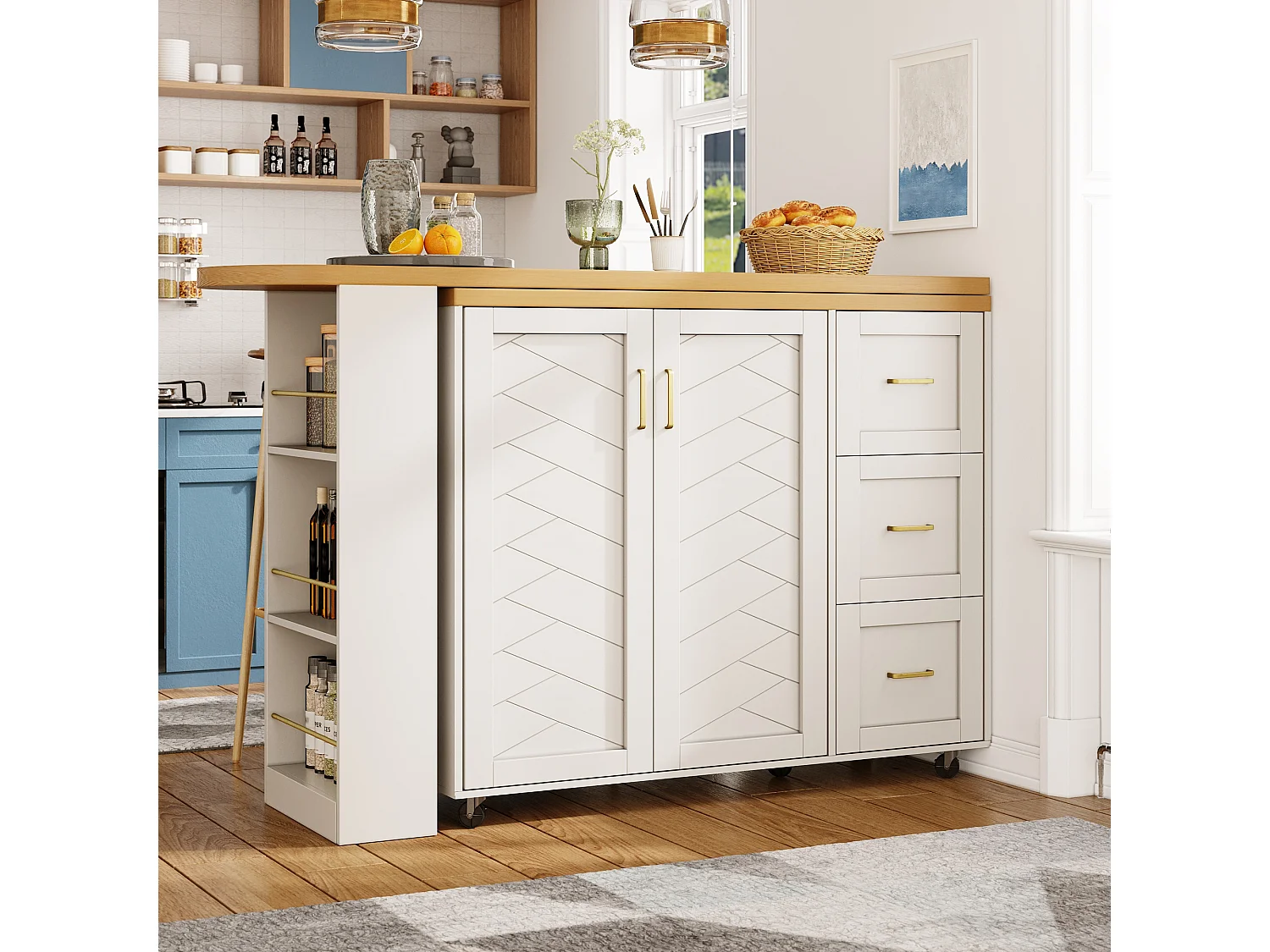 Ausziehbarer Küchenbar-Unterschrank auf Rollen – 135–228 x 39 x 104 cm – mit 2 Türen und 3 Schubladen – MDF und Metall – weiß