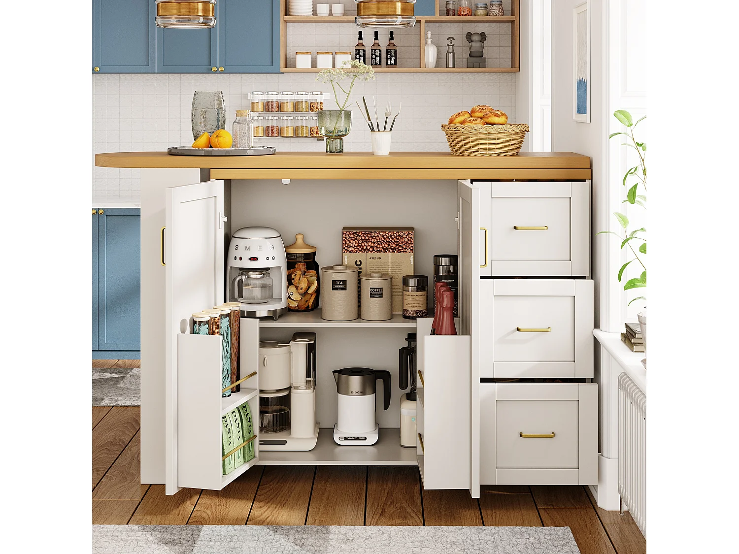 Ausziehbarer Küchenbar-Unterschrank auf Rollen – 135–228 x 39 x 104 cm – mit 2 Türen und 3 Schubladen – MDF und Metall – weiß