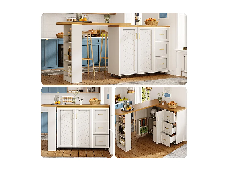 Ausziehbarer Küchenbar-Unterschrank auf Rollen – 135–228 x 39 x 104 cm – mit 2 Türen und 3 Schubladen – MDF und Metall – weiß