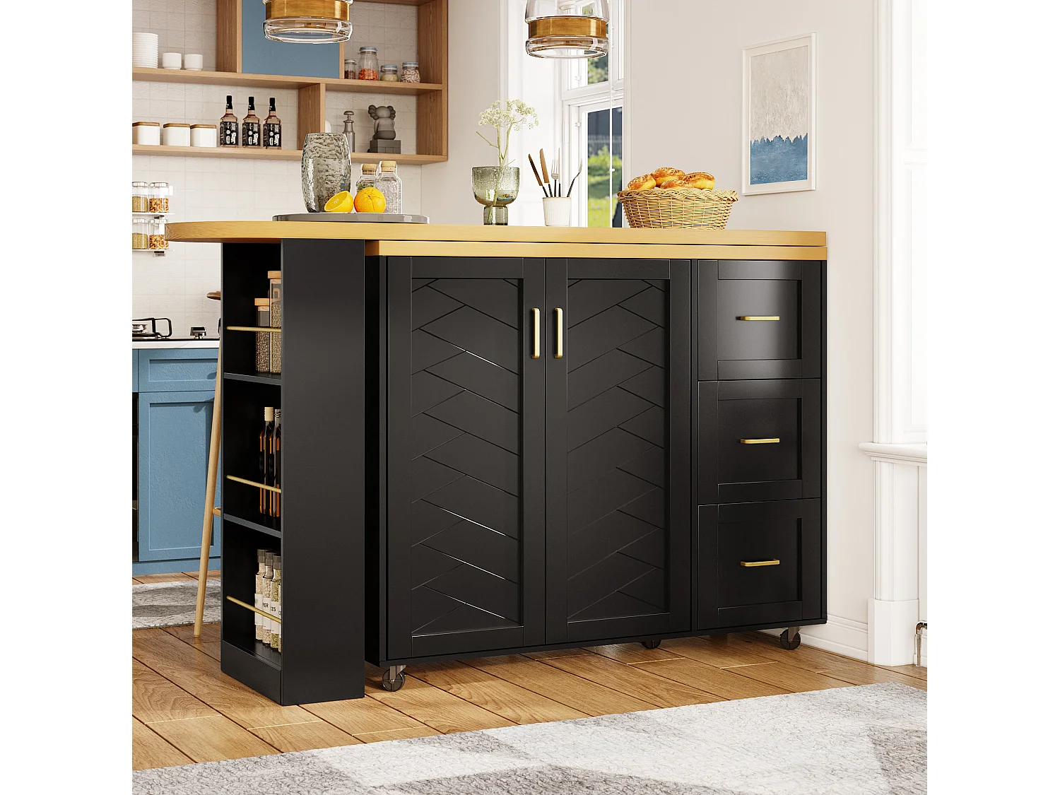 Ausziehbarer Küchenbar-Unterschrank auf Rollen – 135–228 x 39 x 104 cm – mit 2 Türen und 3 Schubladen – MDF und Metall – schwarz