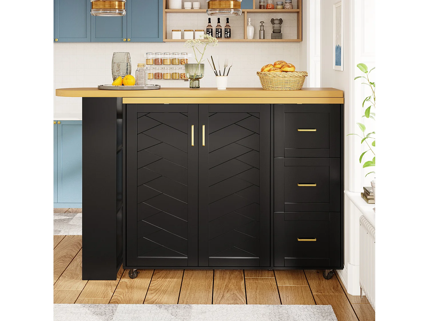 Ausziehbarer Küchenbar-Unterschrank auf Rollen – 135–228 x 39 x 104 cm – mit 2 Türen und 3 Schubladen – MDF und Metall – schwarz