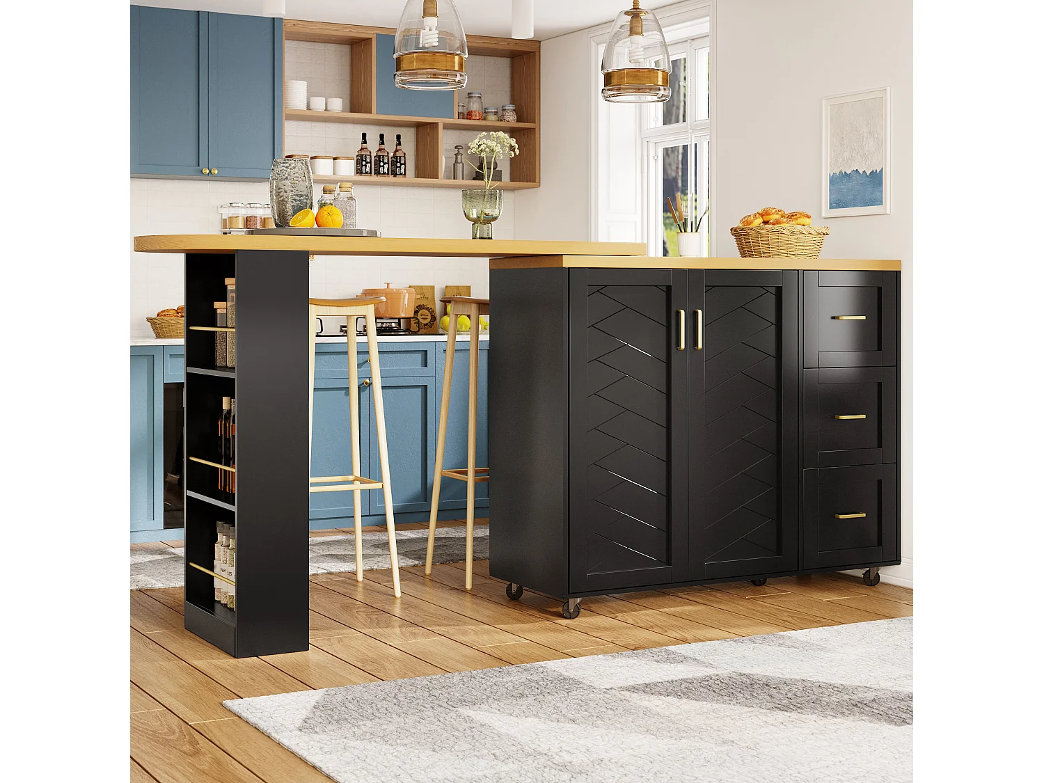 Ausziehbarer Küchenbar-Unterschrank auf Rollen – 135–228 x 39 x 104 cm – mit 2 Türen und 3 Schubladen – MDF und Metall – schwarz