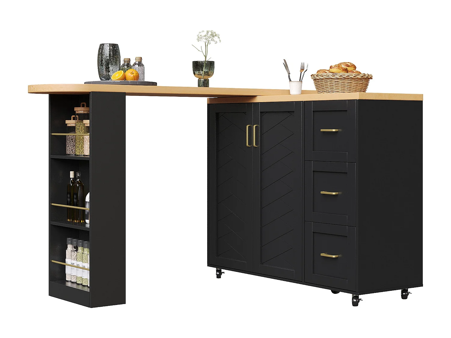 Ausziehbarer Küchenbar-Unterschrank auf Rollen – 135–228 x 39 x 104 cm – mit 2 Türen und 3 Schubladen – MDF und Metall – schwarz