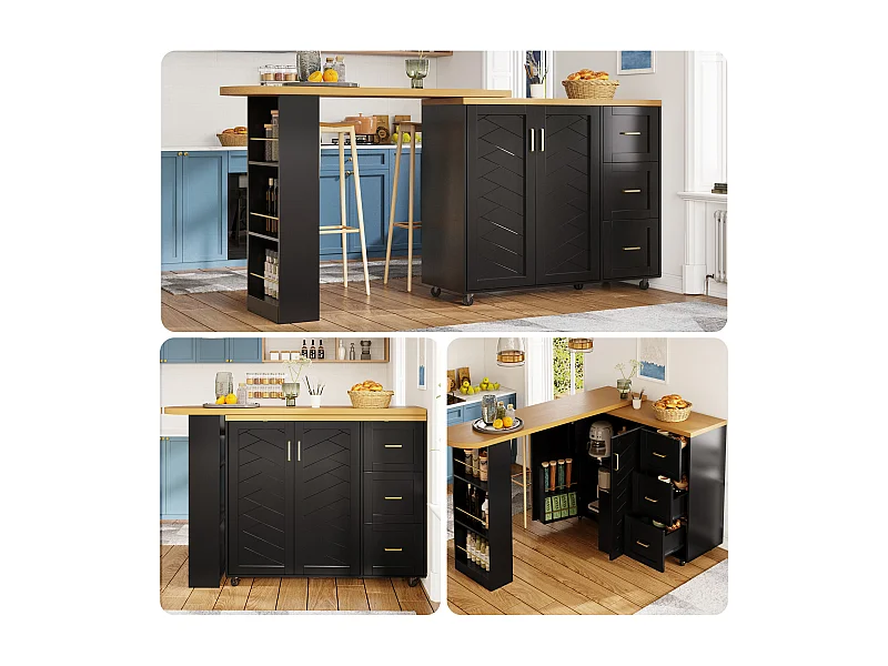 Ausziehbarer Küchenbar-Unterschrank auf Rollen – 135–228 x 39 x 104 cm – mit 2 Türen und 3 Schubladen – MDF und Metall – schwarz