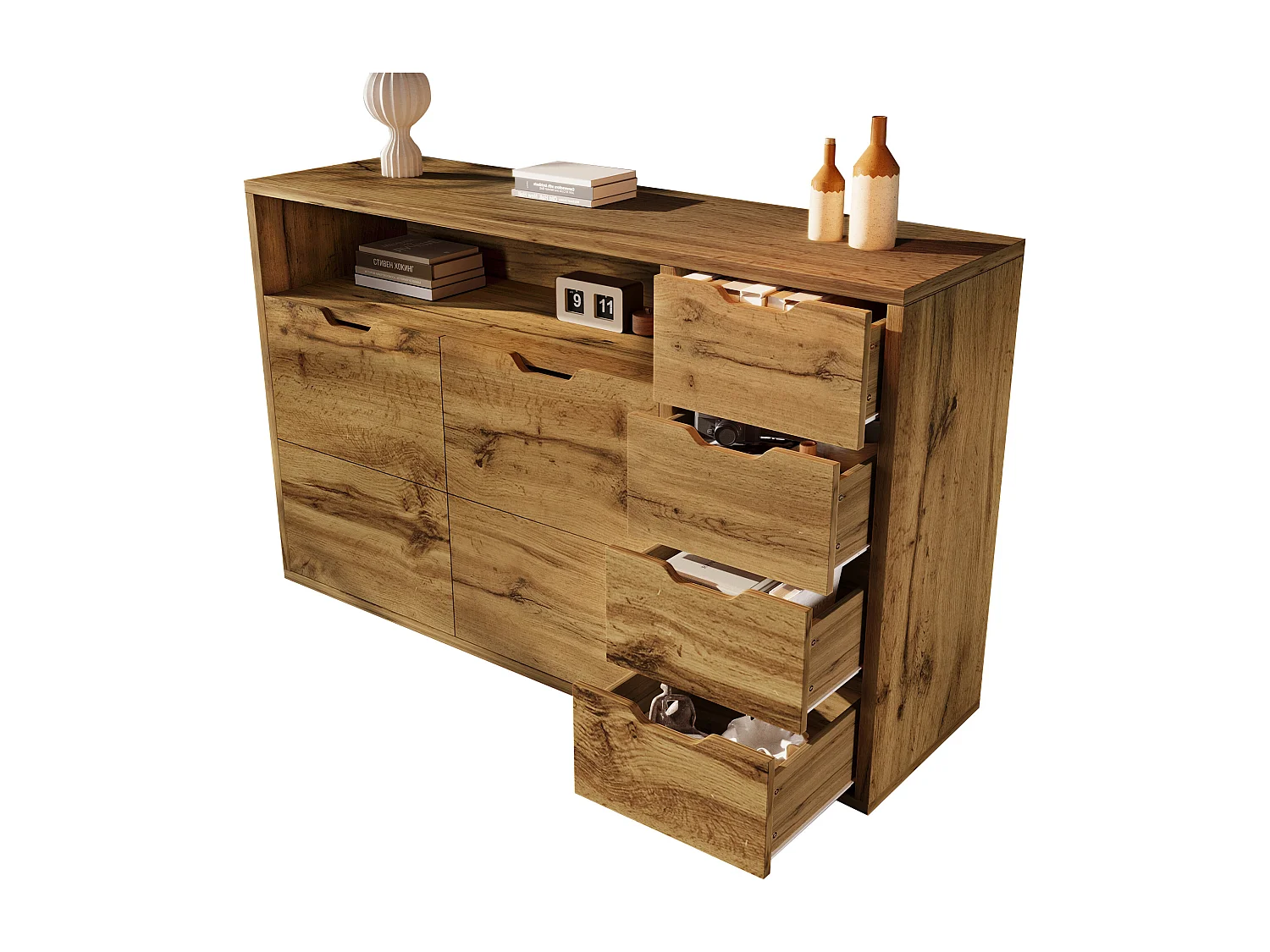 Buffet aspect chêne vintage - 150 x 40 x 90 cm - avec 2 portes + 4 tiroirs + étagère - bois - naturel