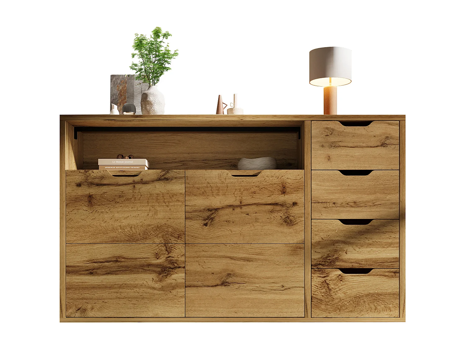 Buffet aspect chêne vintage - 150 x 40 x 90 cm - avec 2 portes + 4 tiroirs + étagère - bois - naturel