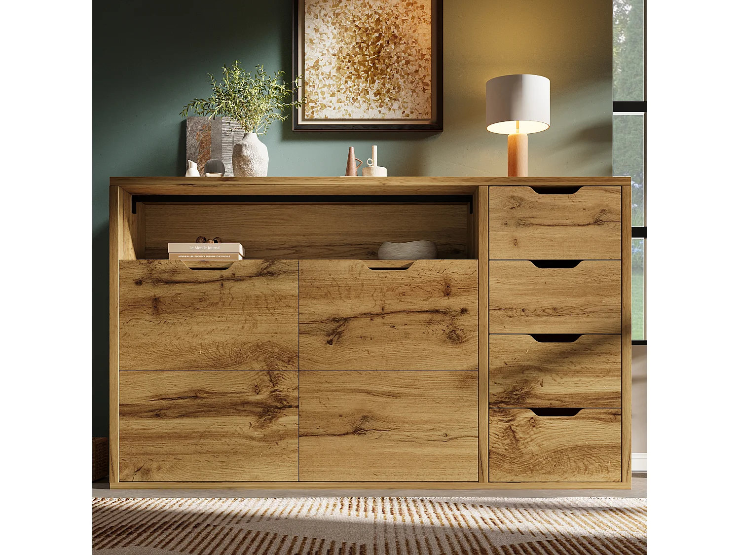 Buffet aspect chêne vintage - 150 x 40 x 90 cm - avec 2 portes + 4 tiroirs + étagère - bois - naturel