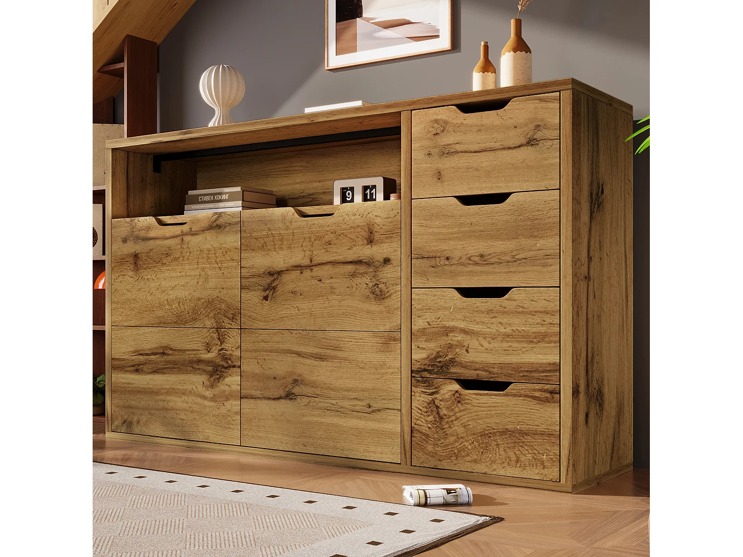 Buffet aspect chêne vintage - 150 x 40 x 90 cm - avec 2 portes + 4 tiroirs + étagère - bois - naturel