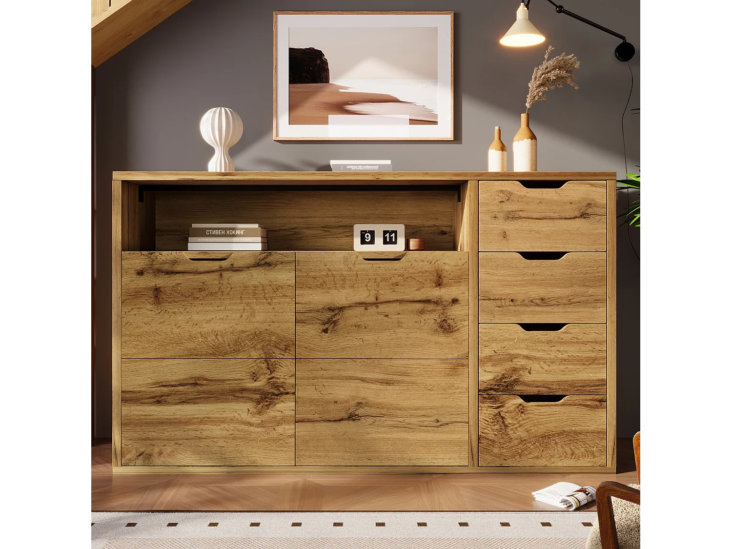 Buffet aspect chêne vintage - 150 x 40 x 90 cm - avec 2 portes + 4 tiroirs + étagère - bois - naturel