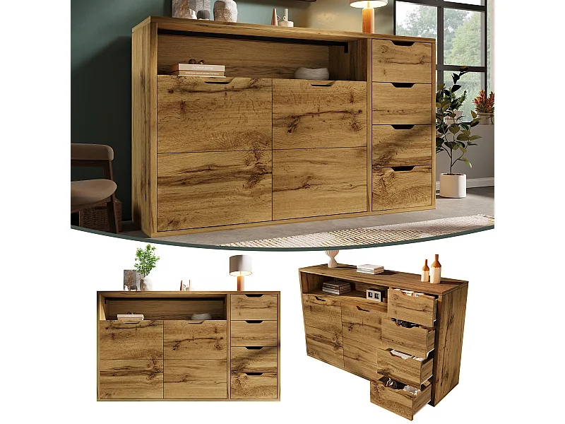 Buffet aspect chêne vintage - 150 x 40 x 90 cm - avec 2 portes + 4 tiroirs + étagère - bois - naturel