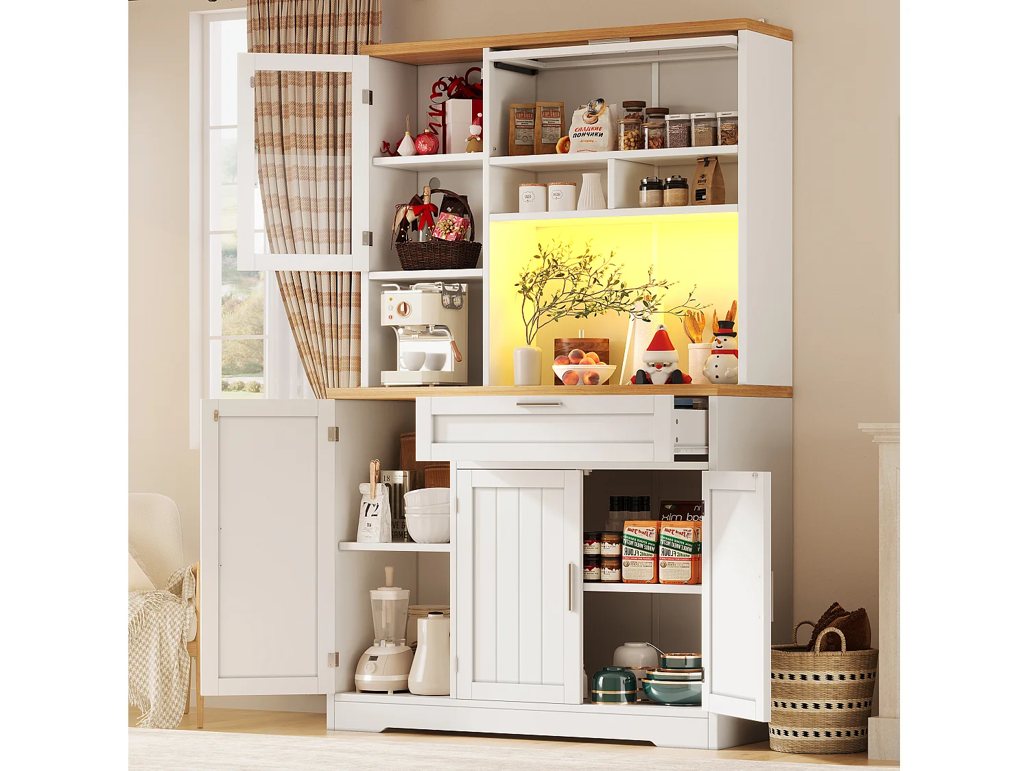 Buffet haute de cuisine - 104 x 40 x 180 cm - avec Leds + 4 portes + 1 tiroir + étagère - MDF + métal - blanc