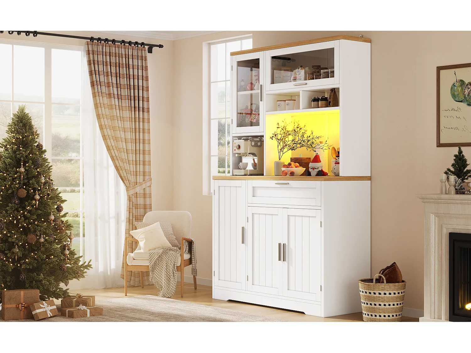 Buffet haute de cuisine - 104 x 40 x 180 cm - avec Leds + 4 portes + 1 tiroir + étagère - MDF + métal - blanc