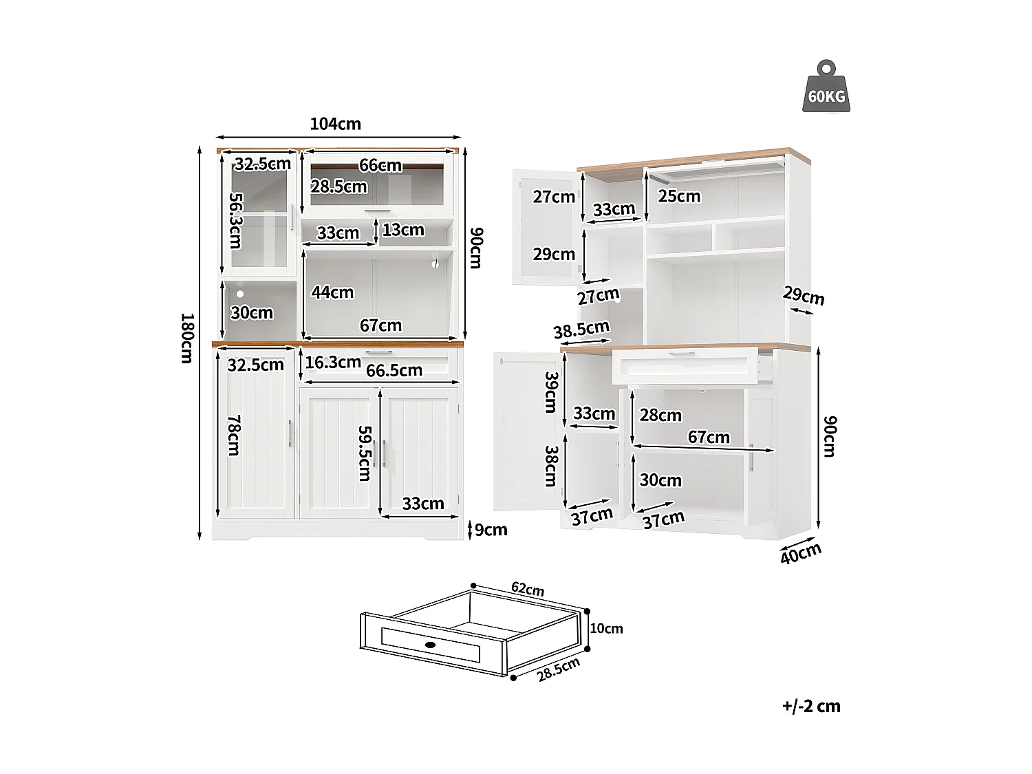 Buffet haute de cuisine - 104 x 40 x 180 cm - avec Leds + 4 portes + 1 tiroir + étagère - MDF + métal - blanc