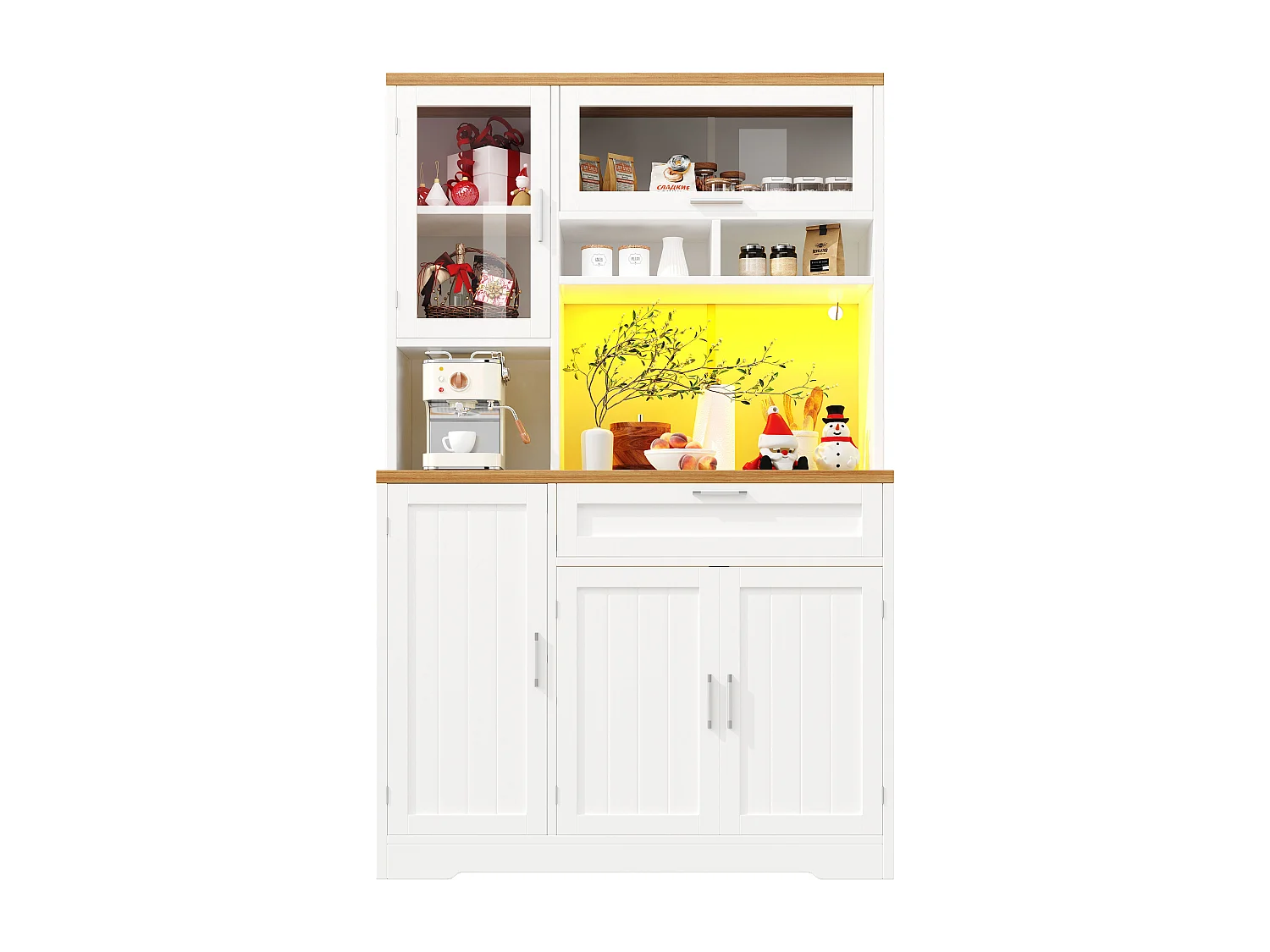 Buffet haute de cuisine - 104 x 40 x 180 cm - avec Leds + 4 portes + 1 tiroir + étagère - MDF + métal - blanc