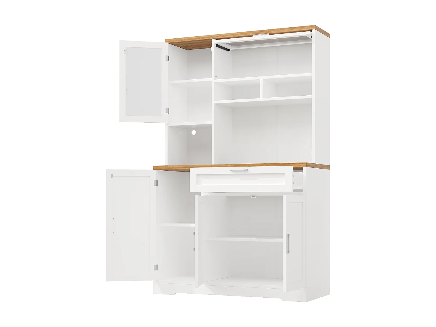 Buffet haute de cuisine - 104 x 40 x 180 cm - avec Leds + 4 portes + 1 tiroir + étagère - MDF + métal - blanc