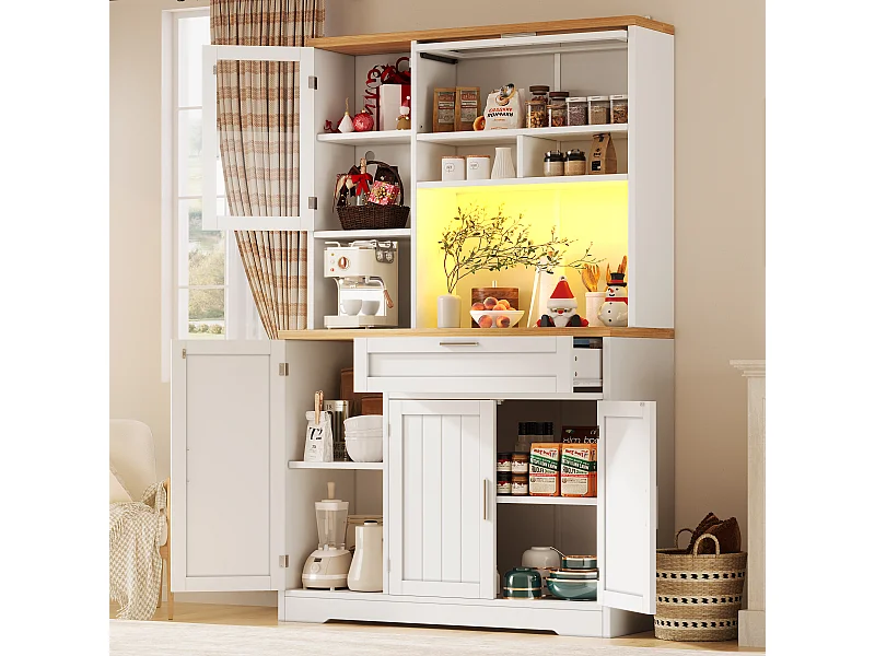 Buffet haute de cuisine - 104 x 40 x 180 cm - avec Leds + 4 portes + 1 tiroir + étagère - MDF + métal - blanc